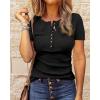 imageBTFBM Women 2025 Summer Henley Tunic Top V Neck Short Sleeve Button UP Solid Slim Fit Casual Ribbed Knit Shirt BlousesBlack