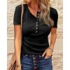 imageBTFBM Women 2025 Summer Henley Tunic Top V Neck Short Sleeve Button UP Solid Slim Fit Casual Ribbed Knit Shirt BlousesBlack