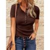 imageBTFBM Women 2025 Summer Henley Tunic Top V Neck Short Sleeve Button UP Solid Slim Fit Casual Ribbed Knit Shirt BlousesBrown
