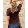 imageBTFBM Women 2025 Summer Henley Tunic Top V Neck Short Sleeve Button UP Solid Slim Fit Casual Ribbed Knit Shirt BlousesBrown