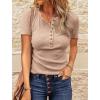 imageBTFBM Women 2025 Summer Henley Tunic Top V Neck Short Sleeve Button UP Solid Slim Fit Casual Ribbed Knit Shirt BlousesDark Apricot