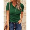 imageBTFBM Women 2025 Summer Henley Tunic Top V Neck Short Sleeve Button UP Solid Slim Fit Casual Ribbed Knit Shirt BlousesDark Green