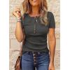 imageBTFBM Women 2025 Summer Henley Tunic Top V Neck Short Sleeve Button UP Solid Slim Fit Casual Ribbed Knit Shirt BlousesGrey