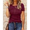 imageBTFBM Women 2025 Summer Henley Tunic Top V Neck Short Sleeve Button UP Solid Slim Fit Casual Ribbed Knit Shirt BlousesWine Red