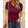 imageBTFBM Women 2025 Summer Henley Tunic Top V Neck Short Sleeve Button UP Solid Slim Fit Casual Ribbed Knit Shirt BlousesWine Red