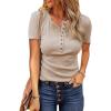 imageBTFBM Women 2025 Summer Henley Tunic Top V Neck Short Sleeve Button UP Solid Slim Fit Casual Ribbed Knit Shirt BlousesBeige
