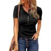 imageBTFBM Women 2025 Summer Henley Tunic Top V Neck Short Sleeve Button UP Solid Slim Fit Casual Ribbed Knit Shirt BlousesBlack