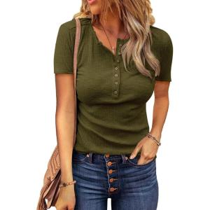 imageBTFBM Women 2025 Summer Henley Tunic Top V Neck Short Sleeve Button UP Solid Slim Fit Casual Ribbed Knit Shirt BlousesArmy Green