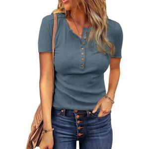 imageBTFBM Women 2025 Summer Henley Tunic Top V Neck Short Sleeve Button UP Solid Slim Fit Casual Ribbed Knit Shirt BlousesBlue