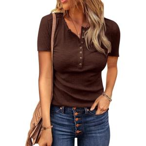 imageBTFBM Women 2025 Summer Henley Tunic Top V Neck Short Sleeve Button UP Solid Slim Fit Casual Ribbed Knit Shirt BlousesBrown