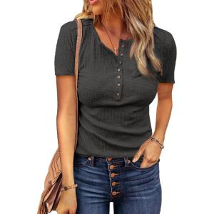 imageBTFBM Women 2025 Summer Henley Tunic Top V Neck Short Sleeve Button UP Solid Slim Fit Casual Ribbed Knit Shirt BlousesGrey