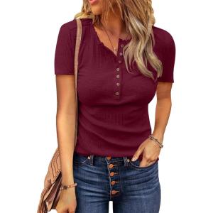 imageBTFBM Women 2025 Summer Henley Tunic Top V Neck Short Sleeve Button UP Solid Slim Fit Casual Ribbed Knit Shirt BlousesWine Red