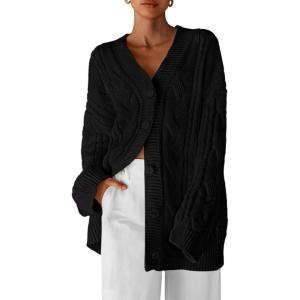 imageBTFBM Cable Knit Oversized Cardigan Sweaters for Women Trendy 2025 Fall Button Up Long Sleeve Winter Coat CardigansBlack