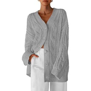 imageBTFBM Cable Knit Oversized Cardigan Sweaters for Women Trendy 2025 Fall Button Up Long Sleeve Winter Coat CardigansGrey