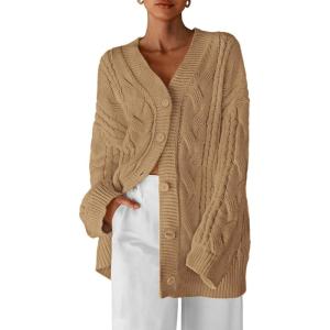 imageBTFBM Cable Knit Oversized Cardigan Sweaters for Women Trendy 2025 Fall Button Up Long Sleeve Winter Coat CardigansKhaki