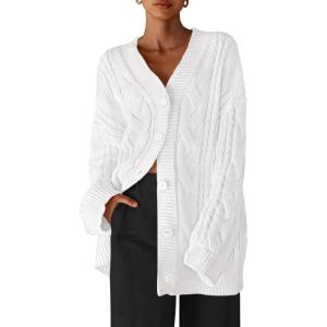 imageBTFBM Cable Knit Oversized Cardigan Sweaters for Women Trendy 2025 Fall Button Up Long Sleeve Winter Coat CardigansWhite