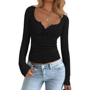 imageBTFBM Fall Sweaters for Women 2025 Lightweight Long Sleeve Henley Shirts Button Up Knit Basic Slim Fit Going Out TopsBlack