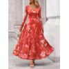 imageBTFBM Women Maxi Dress Fall 2025 Fashion Elegant Long Sleeve Square Neck Floral Print Party Club Wedding Guest DressesFloral Brick Red