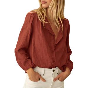 imageBTFBM Long Sleeve Shirts for Women Fall Outfits 2025 Dressy Casual Ruffle Button Down Shirt Loose Vacation Blouses TopsBrick Red