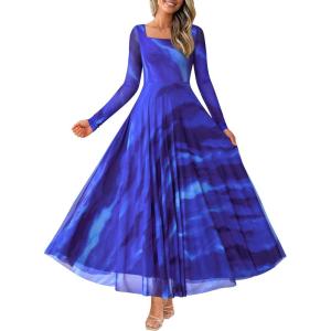 imageBTFBM Women Maxi Dress Fall 2025 Fashion Elegant Long Sleeve Square Neck Floral Print Party Club Wedding Guest DressesBlue Watercolour