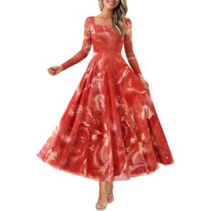 imageBTFBM Women Maxi Dress Fall 2025 Fashion Elegant Long Sleeve Square Neck Floral Print Party Club Wedding Guest DressesFloral Brick Red