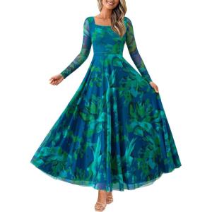 imageBTFBM Women Maxi Dress Fall 2025 Fashion Elegant Long Sleeve Square Neck Floral Print Party Club Wedding Guest DressesFloral Green
