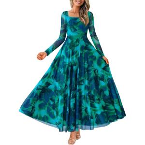 imageBTFBM Women Maxi Dress Fall 2025 Fashion Elegant Long Sleeve Square Neck Floral Print Party Club Wedding Guest DressesFloral Lake Blue
