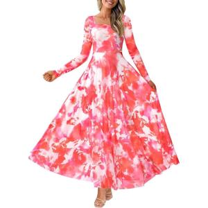 imageBTFBM Women Maxi Dress Fall 2025 Fashion Elegant Long Sleeve Square Neck Floral Print Party Club Wedding Guest DressesFloral Light Orange