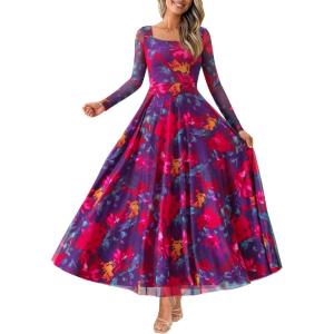 imageBTFBM Women Maxi Dress Fall 2025 Fashion Elegant Long Sleeve Square Neck Floral Print Party Club Wedding Guest DressesFloral Navy Red