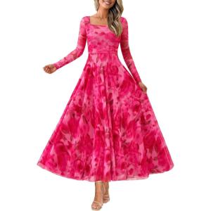 imageBTFBM Women Maxi Dress Fall 2025 Fashion Elegant Long Sleeve Square Neck Floral Print Party Club Wedding Guest DressesFloral Pink