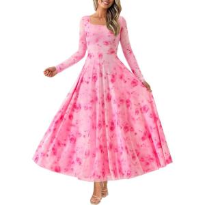 imageBTFBM Women Maxi Dress Fall 2025 Fashion Elegant Long Sleeve Square Neck Floral Print Party Club Wedding Guest DressesFloral Pink Red