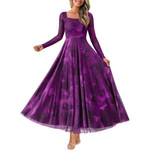 imageBTFBM Women Maxi Dress Fall 2025 Fashion Elegant Long Sleeve Square Neck Floral Print Party Club Wedding Guest DressesFloral Purple