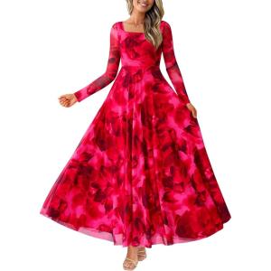 imageBTFBM Women Maxi Dress Fall 2025 Fashion Elegant Long Sleeve Square Neck Floral Print Party Club Wedding Guest DressesFloral Red