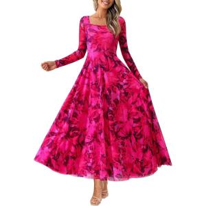 imageBTFBM Women Maxi Dress Fall 2025 Fashion Elegant Long Sleeve Square Neck Floral Print Party Club Wedding Guest DressesFloral Rose Red