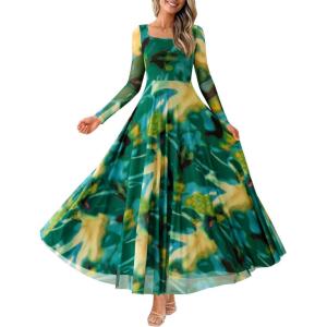imageBTFBM Women Maxi Dress Fall 2025 Fashion Elegant Long Sleeve Square Neck Floral Print Party Club Wedding Guest DressesGreen Big Floral