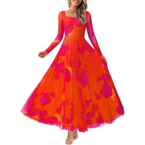 imageBTFBM Women Maxi Dress Fall 2025 Fashion Elegant Long Sleeve Square Neck Floral Print Party Club Wedding Guest DressesOrange Red Big Floral