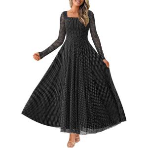 imageBTFBM Women Maxi Dress Fall 2025 Fashion Elegant Long Sleeve Square Neck Floral Print Party Club Wedding Guest DressesPolk Black White
