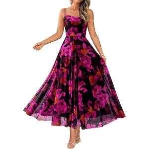 imageBTFBM Women Summer Floral Maxi Dresses Elegant Spaghetti Strap Dress Printed Party Dress Beach Long DressesFloral Black Rose Red