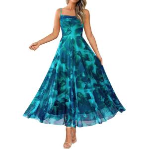 imageBTFBM Women Summer Floral Maxi Dresses Elegant Spaghetti Strap Dress Printed Party Dress Beach Long DressesFloral Lake Blue