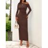 imageBTFBM One Shoulder Long Sleeve Dress for Women 2025 Bodycon Ruched Night Out Formal Maxi Fall Wedding Guest DressesBrown
