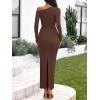 imageBTFBM One Shoulder Long Sleeve Dress for Women 2025 Bodycon Ruched Night Out Formal Maxi Fall Wedding Guest DressesBrown