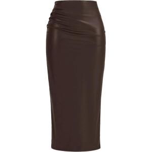 imageBTFBM Fall Skirts for Women 2025 Business Casual Outfits Elastic Waist Ruched Bodycon Slit Pencil Midi Leather SkirtCoffee