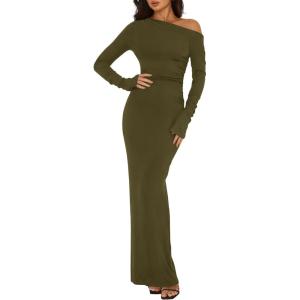 imageBTFBM One Shoulder Long Sleeve Dress for Women 2025 Bodycon Ruched Night Out Formal Maxi Fall Wedding Guest DressesArmy Green