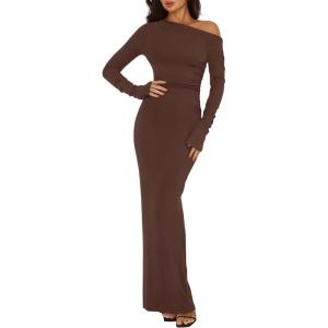 imageBTFBM One Shoulder Long Sleeve Dress for Women 2025 Bodycon Ruched Night Out Formal Maxi Fall Wedding Guest DressesBrown