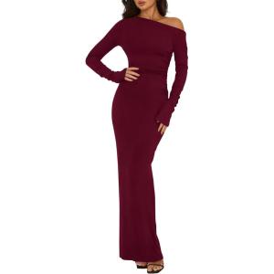 imageBTFBM One Shoulder Long Sleeve Dress for Women 2025 Bodycon Ruched Night Out Formal Maxi Fall Wedding Guest DressesBurgundy