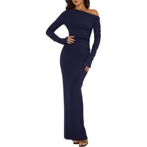 imageBTFBM One Shoulder Long Sleeve Dress for Women 2025 Bodycon Ruched Night Out Formal Maxi Fall Wedding Guest DressesNavy Blue