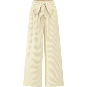 imageBTFBM Palazzo Pants for Women 2025 Fall Striped Flowy Tie Knot Wide Leg High Waist Dressy Casual Work Pants TrousersApricot