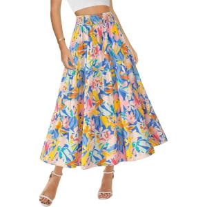 imageBTFBM Womens Floral Print Midi Maxi Skirts 2025 Summer Casual Aline Elastic High Waist Pleated Flowy Long Skirt PocketsFloral Multicolour