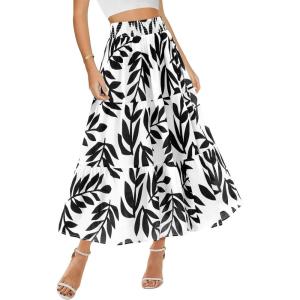 imageBTFBM Womens Floral Print Midi Maxi Skirts 2025 Summer Casual Aline Elastic High Waist Pleated Flowy Long Skirt PocketsLeaf Black