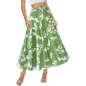 imageBTFBM Womens Floral Print Midi Maxi Skirts 2025 Summer Casual Aline Elastic High Waist Pleated Flowy Long Skirt PocketsLeaf Green